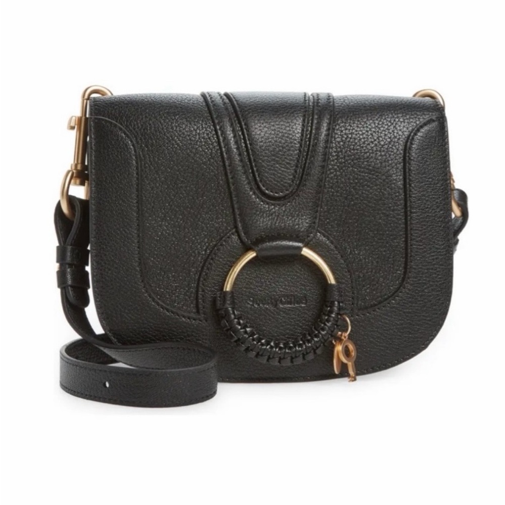 Authentic See By Chloe Black Pebbled Leather Crossbody with Signature Ring
